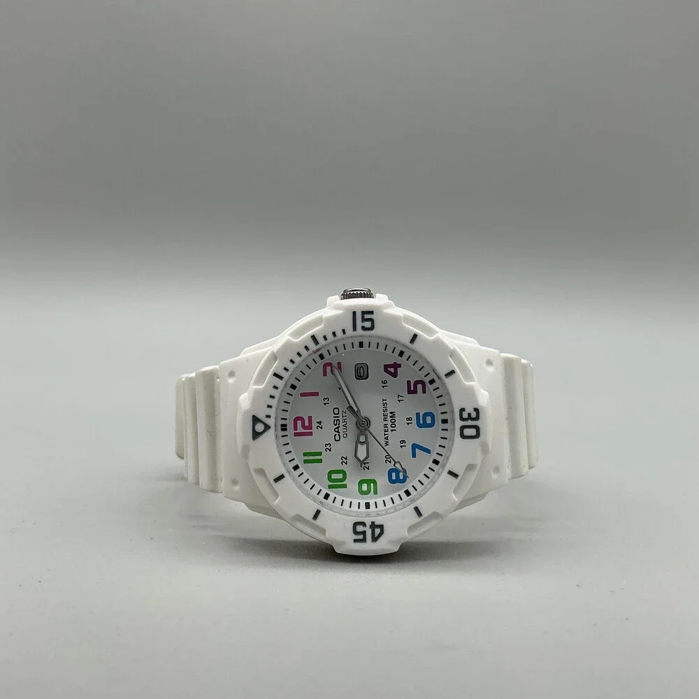 Casio White Quartz Watch with Multicolor Numerals